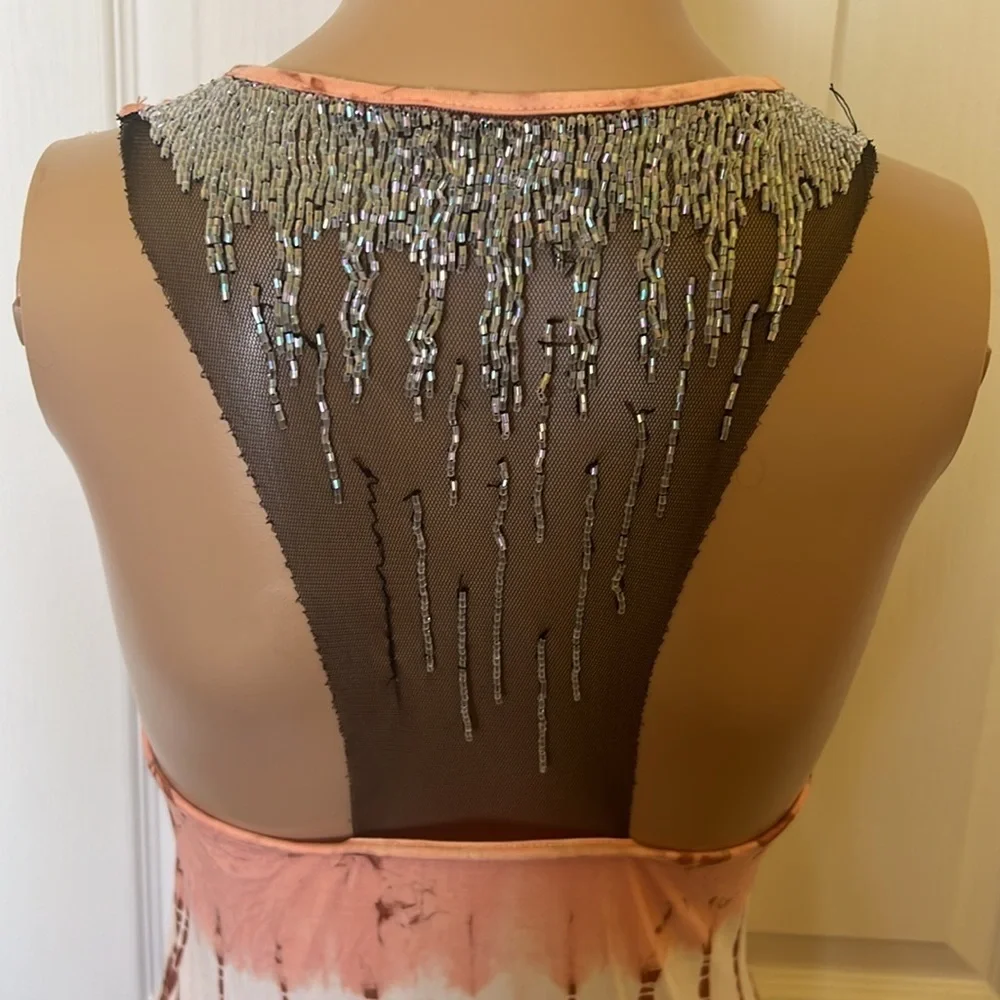 Peach and white tie dye long racerback tank with shear beaded back sz M